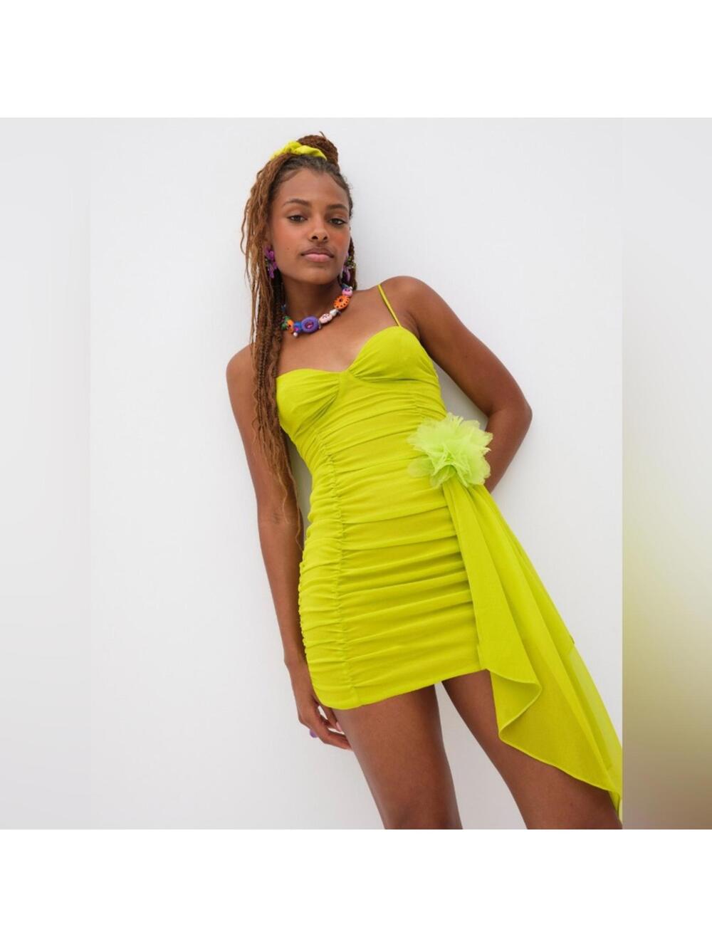 NWT FOR LOVE & LEMONS Lorlai Mini Dress in Lime Green Ruched Dress Medium